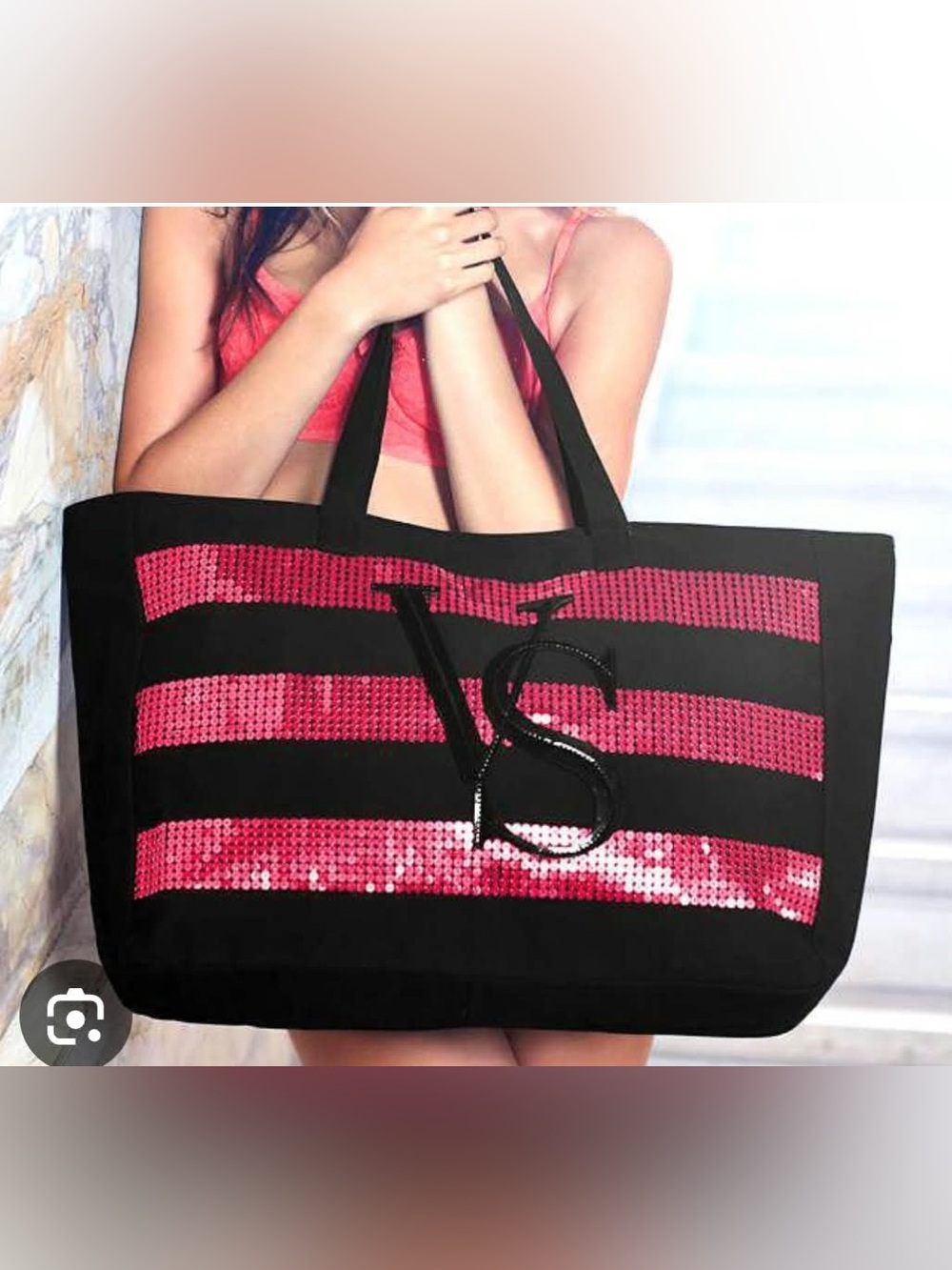 Victoria's Secret Black & Hot Pink Striped Sequin Tote